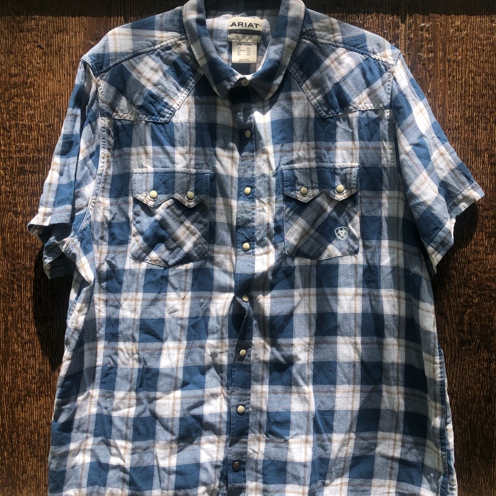 Ariat Blue and White Plaid Short Sleeve Western Shirt Size XXL